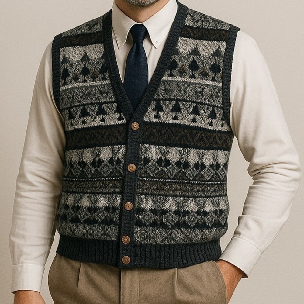 Michael Gerald Sweater Vest Aztec Geometric Knit Sleeveless Large Academia‎